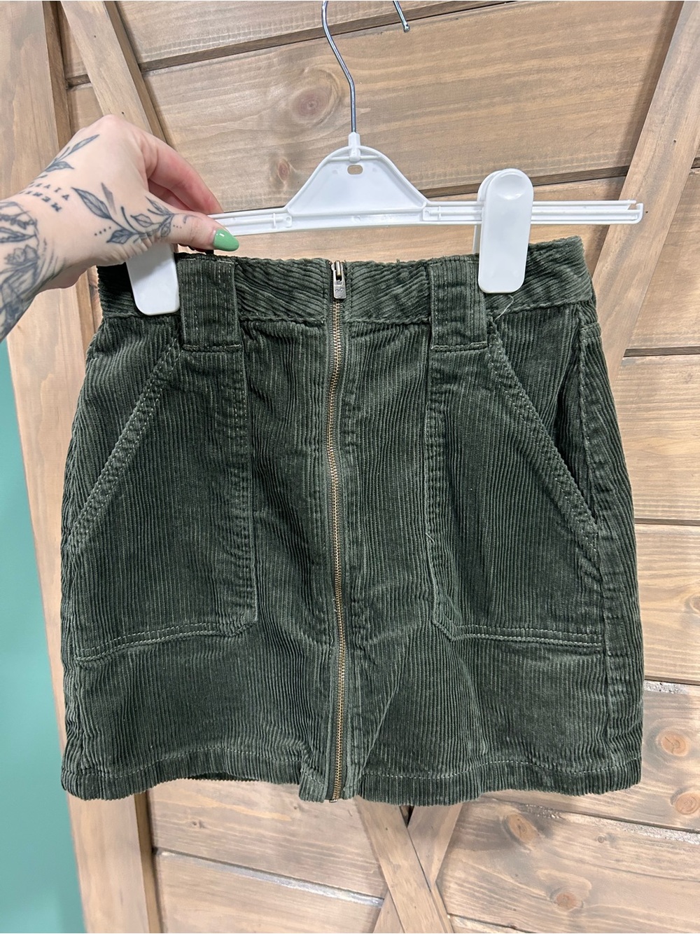 Hollister Olive Green Corduroy Zip-Front Mini Skirt